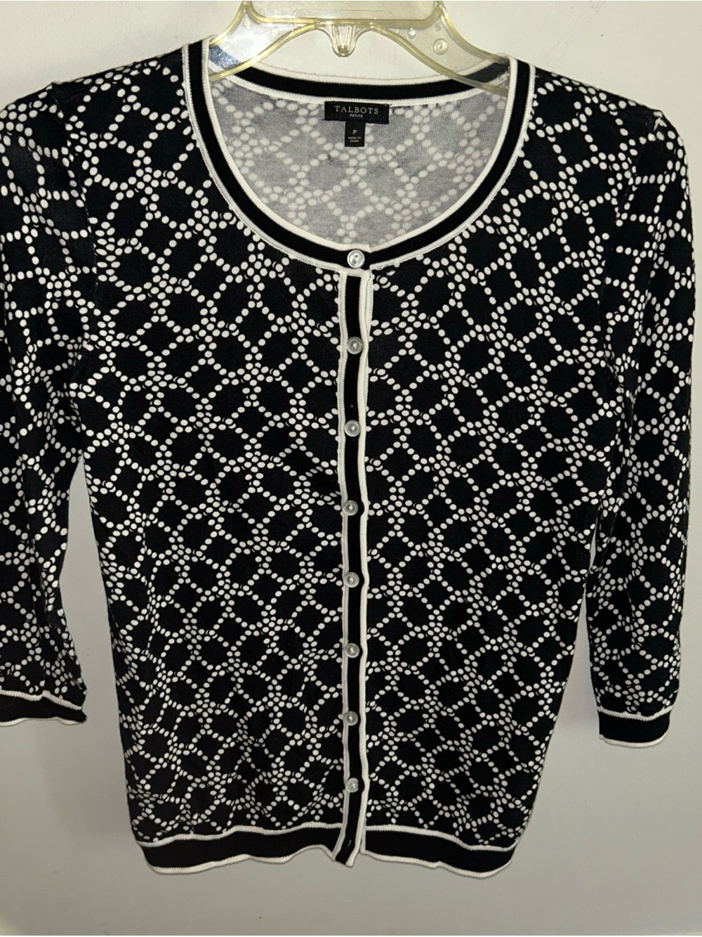 Talbots Black and White Patterned on Button-Front Cardigan